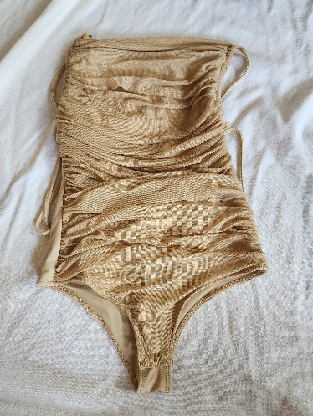 Et Clet Vacay Mode Ruched Tie Back Bodysuit NWT Small Tan Mesh